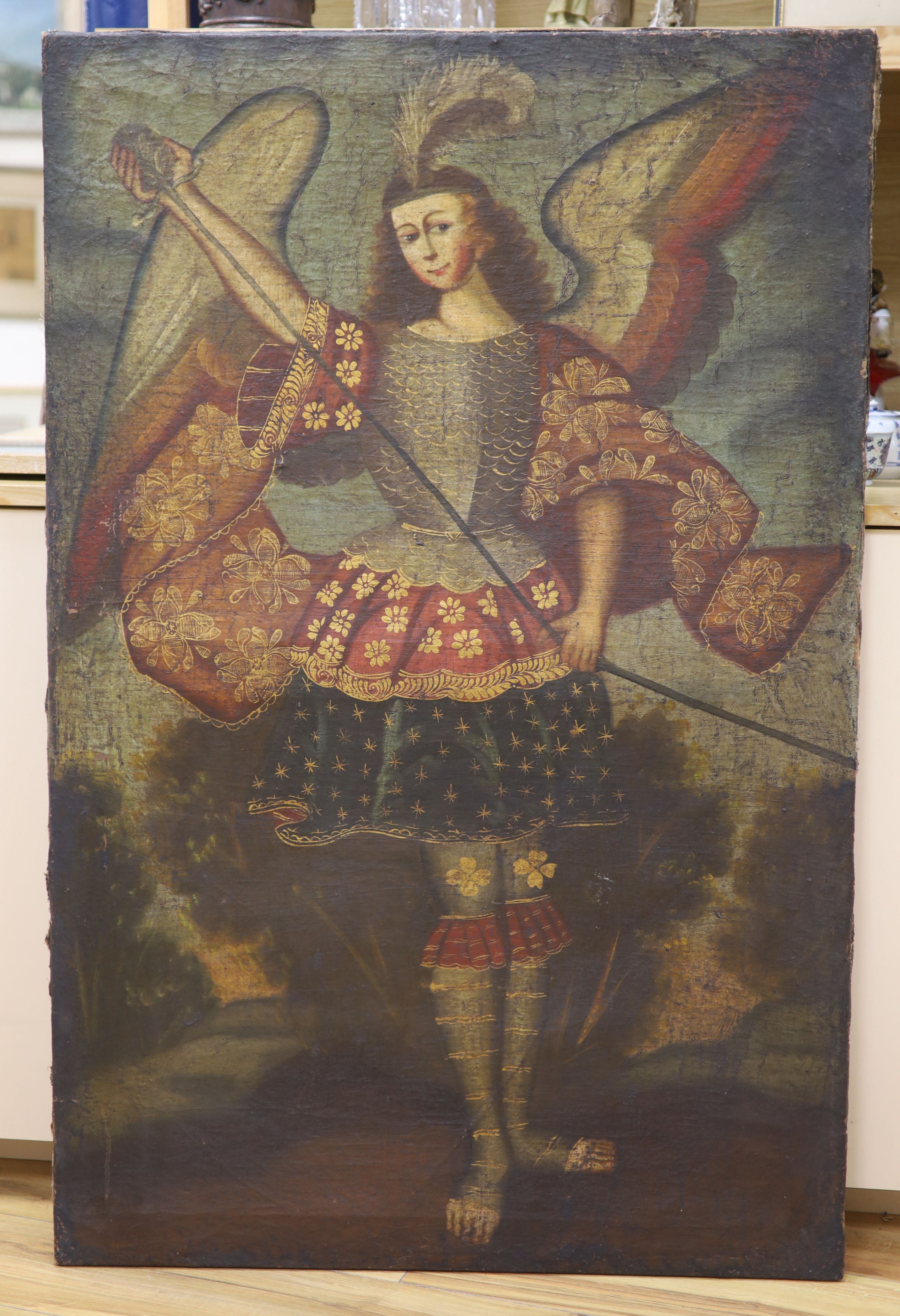 Cuzco School, oil on canvas, Standing angel holding a sword, 117 x 76cm, unframed